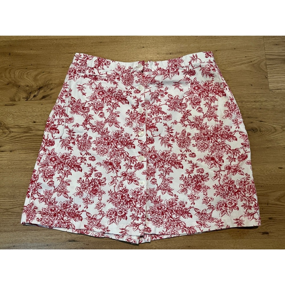 Cabin Creek Red Floral Button Front Skort Shorts Cotton Toile Print Size 16